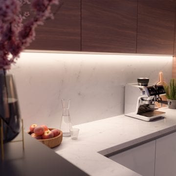 Kitchen cabinets with strip lights set to white light