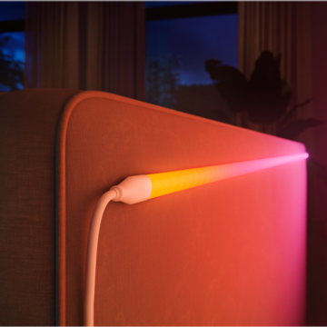 Kitchen cabinets with strip lights set to white light