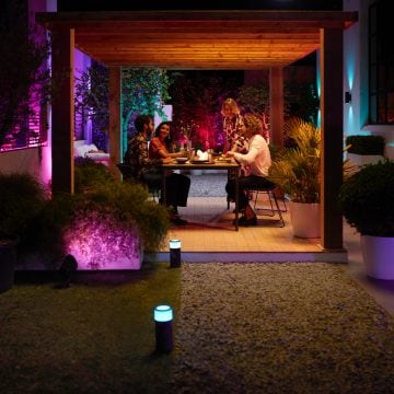 Outdoor patio with coloured lighting