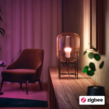 Philips Hue smart bulb set to warm white in a lamp on a side table 