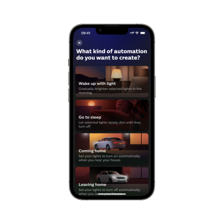 Phone screen displaying Automations tab of the Hue app