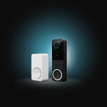 A Hue Video Doorbell in black and Hue Smart Chime in white.