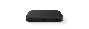 Black HDMI sync box with rounded rectangular shape, matte finish, front button, indicator light, and ""PHILIPS"" text visible.