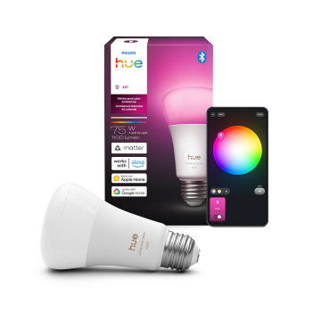 Une ampoule connectée Philips Hue compatible Matter avec son emballage et l'application Hue.